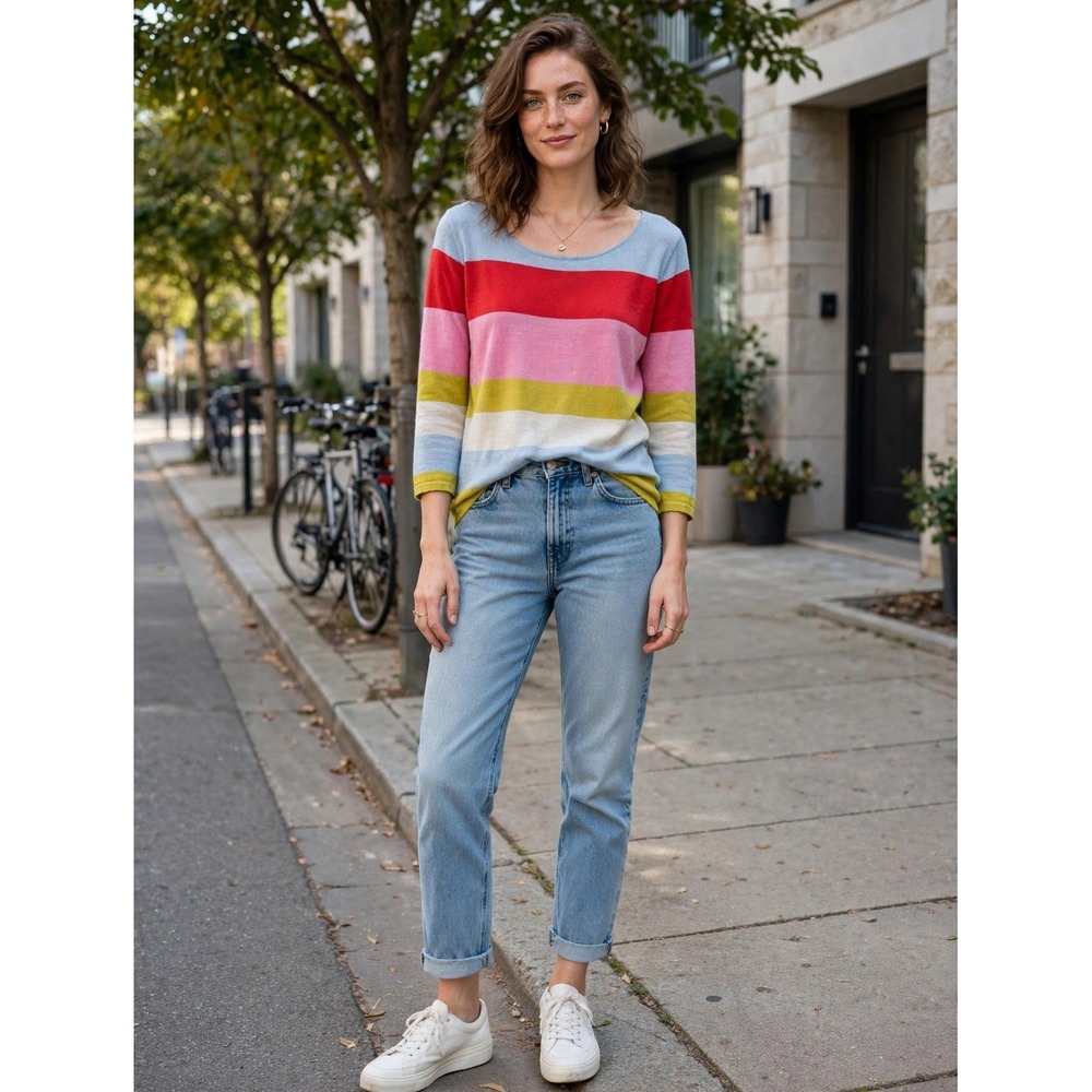 Frances Valentine Metallic Striped Wool Sweater Blue Pink Red M